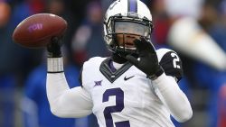 LAWRENCE, KS - NOVEMBER 15: Trevone Boykin #2 of the TCU Horned Frogs drops back for a pass against the Kansas Jayhawks in first quarter at Memorial Stadium on November 15, 2014 in Lawrence, Kansas. (Photo by Ed Zurga/Getty Images)