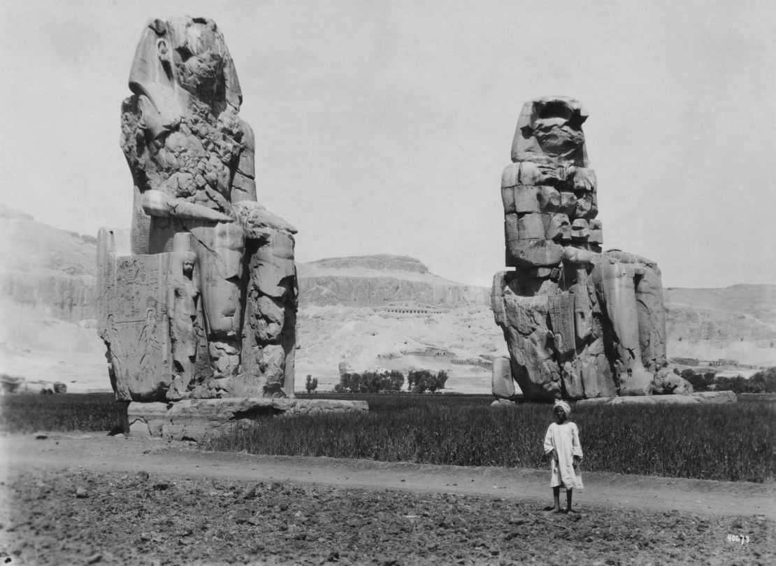 The Colossi of Memnon are pictured here circa 1920. 