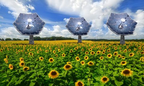 The Sunflower Solar Harvester, being developed by the Swiss company Airlight Energy, tracks the sun like a sunflower and cools itself by pumping water through its veins like a plant. In the process, it produces heat, desalinated water, and refrigeration from the 12kW of energy it produces with just 10 hours of sunlight.