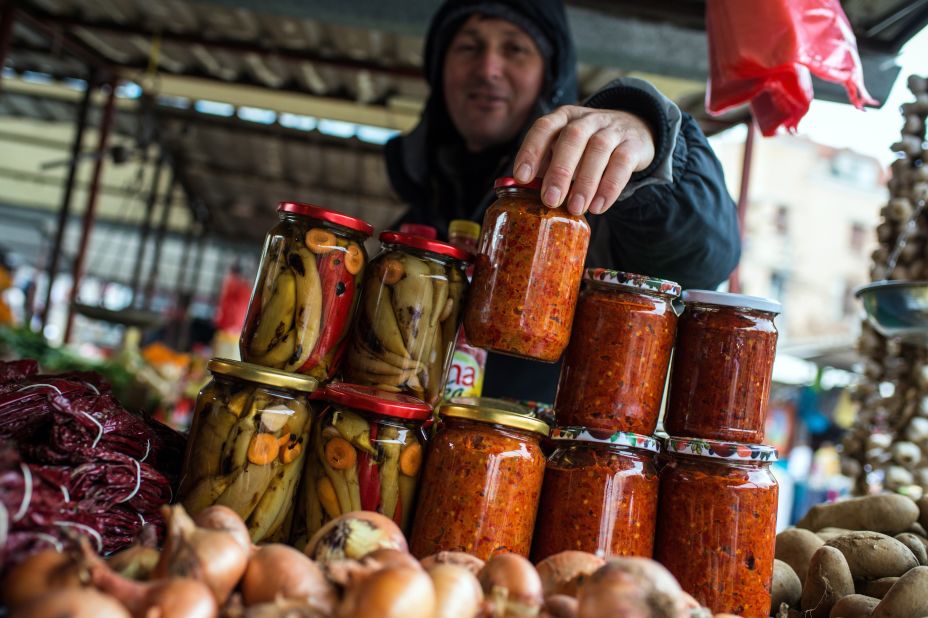 Street markets are also a big part of life in Belgrade. Pictured here is a vendor selling jars of homemade "Ajvar," a type of relish mainly made from roasted red bell peppers.