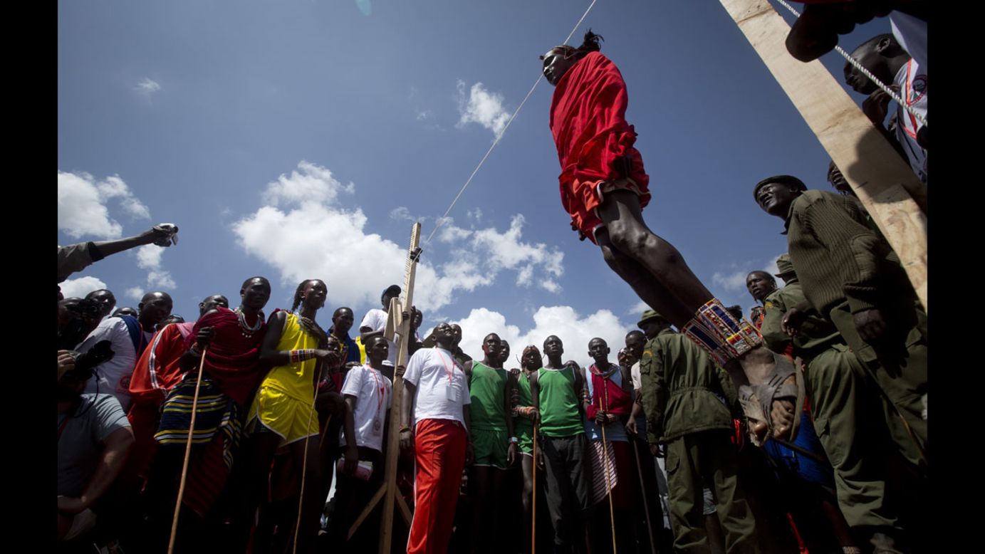 A Maasai warrior in southern Kenya competes in a jumping competition Saturday, December 13, during the annual Maasai Olympics. Events at the Maasai Olympics include jumping, running and throwing. 