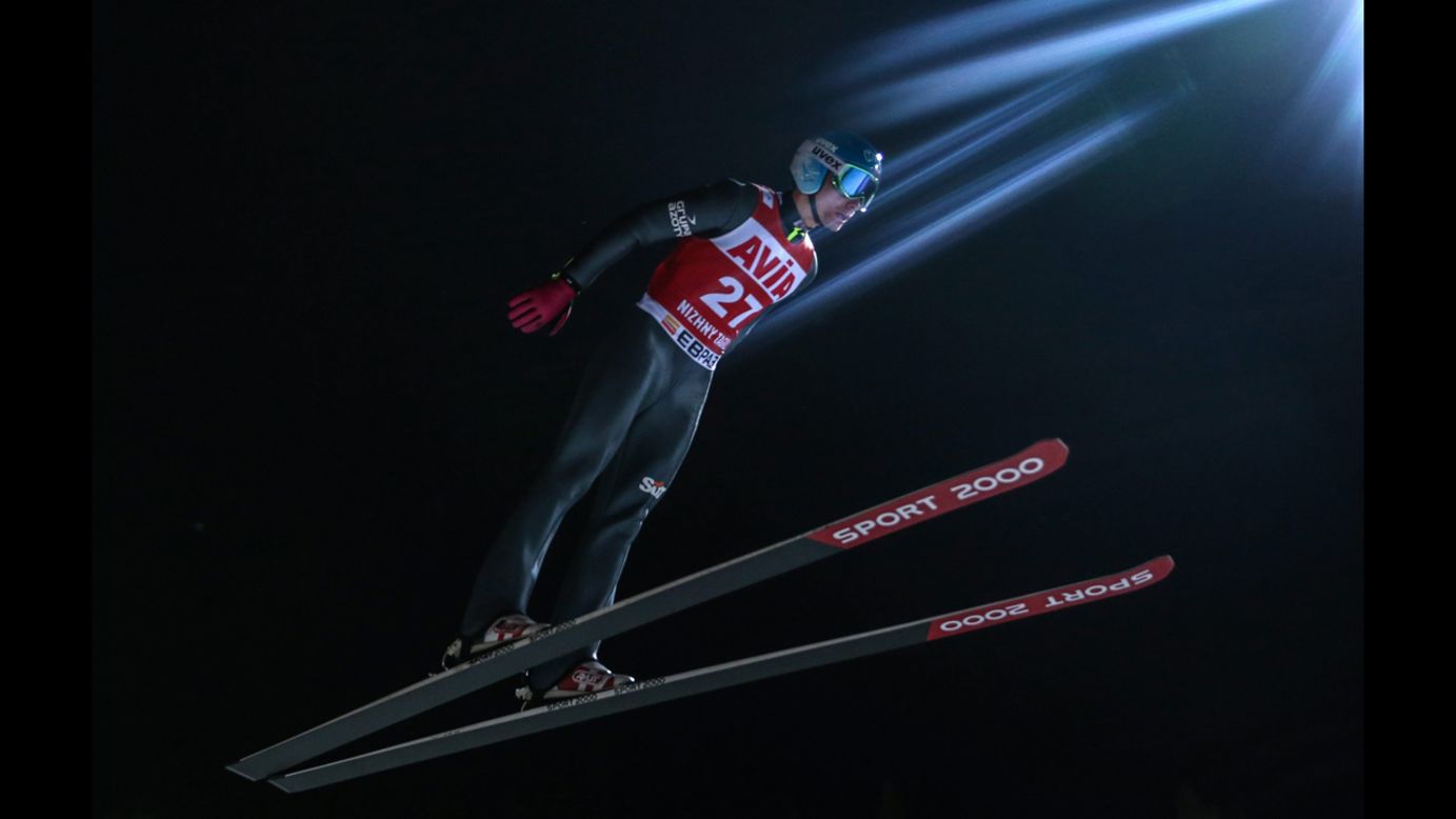 Polish ski jumper Jan Ziobro slices through the air during a large-hill jump Sunday, December 14, in Nizhny Tagil, Russia.