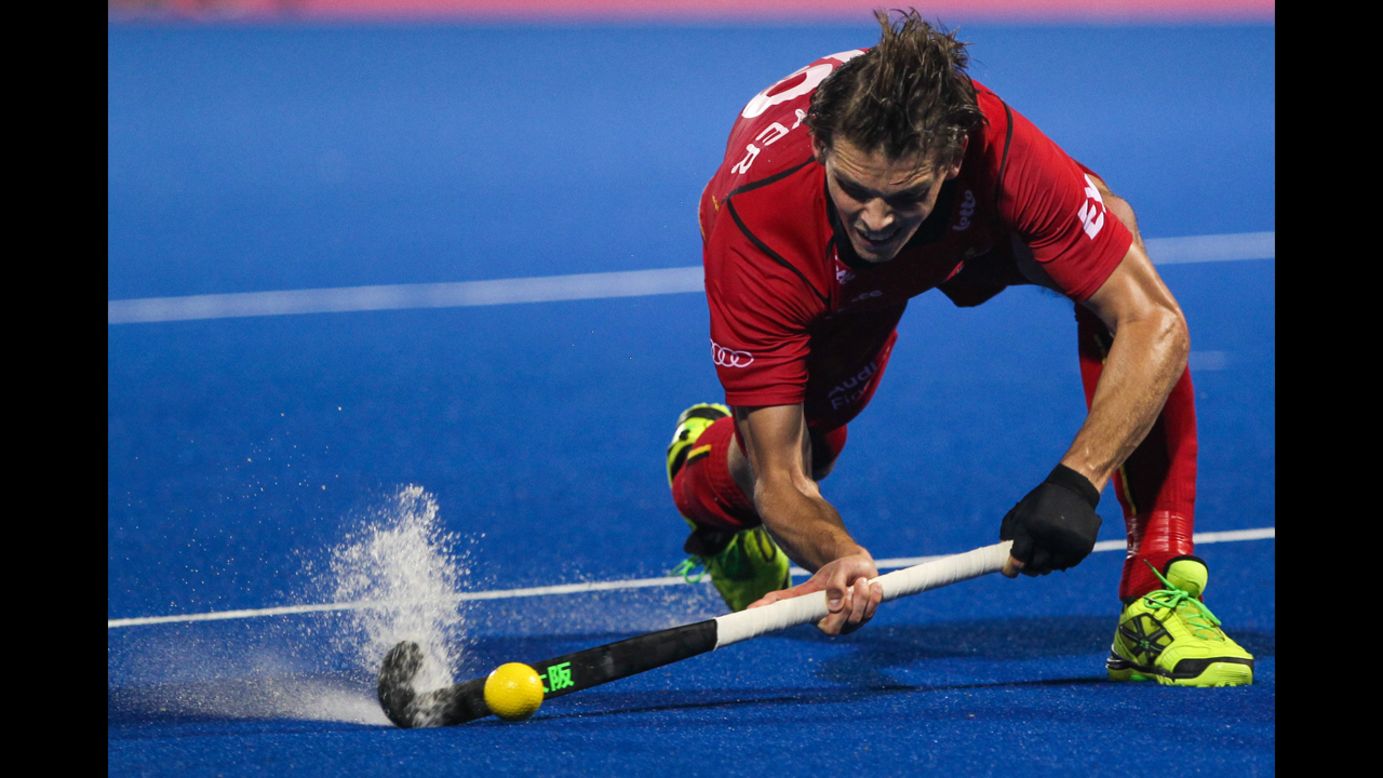 Belgian field hockey player Felix Denayer takes a shot during the Champions Trophy quarterfinals on Thursday, December 11. Belgium lost 4-2 to tournament host India.