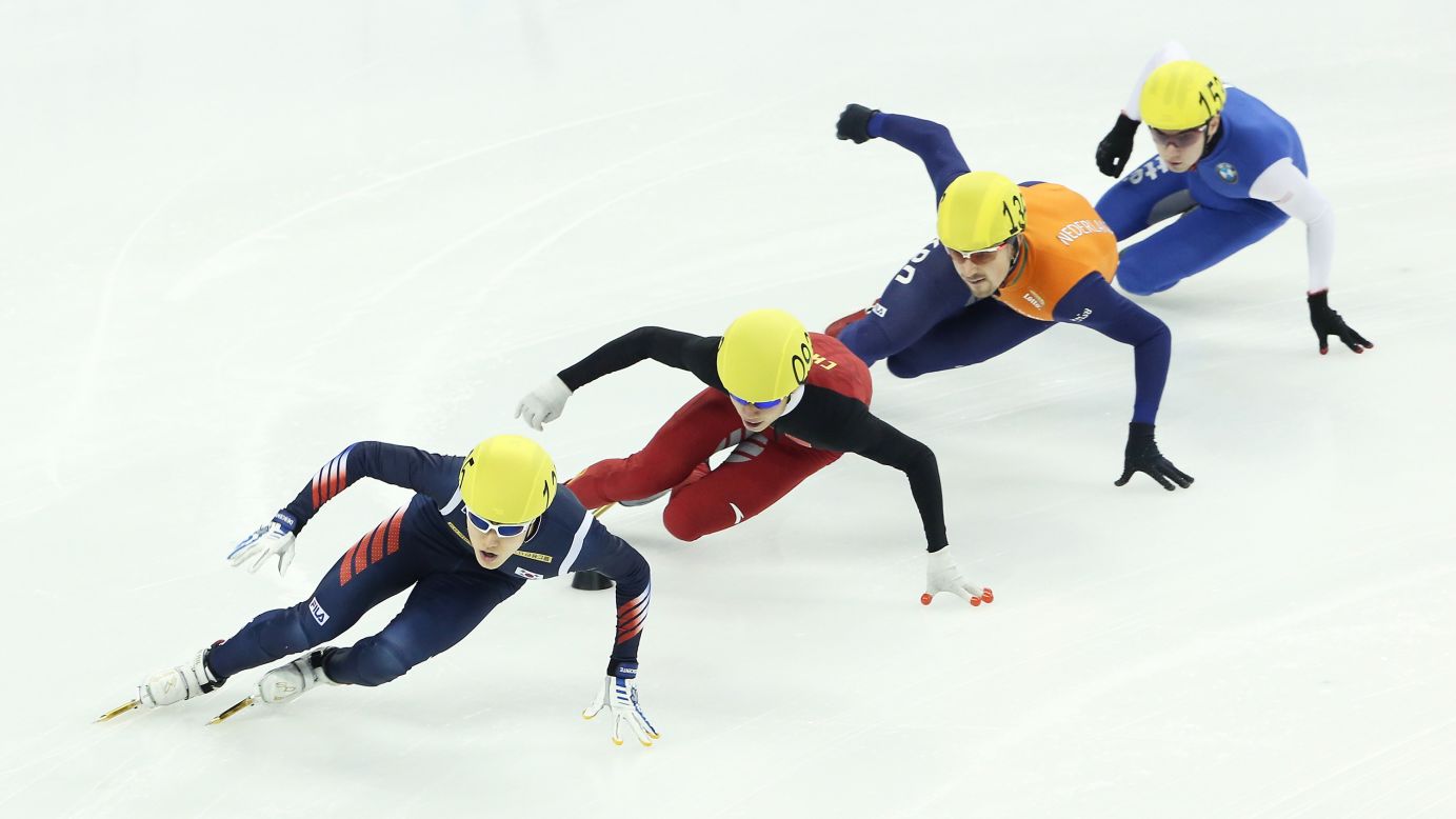 South Korean speed skater Han Seung-soo leads, from left, Chinese skater Zhang Hongchao, American skater Ryan Pivirotto and Dutch skater Freek van der Wart during a World Cup race in Shanghai, China, on Saturday, December 13.