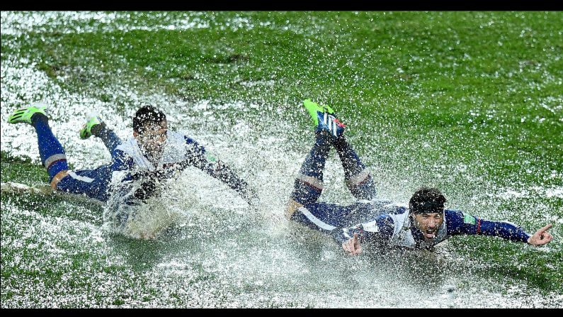 Cruz Azul players Ismael Valadez, left, and Mariano Pavone celebrate a goal during the quarterfinals of the FIFA Club World Cup on Saturday, December 13. The Mexican club defeated the Western Sydney Wanderers 3-1 in Rebat, Morocco. 