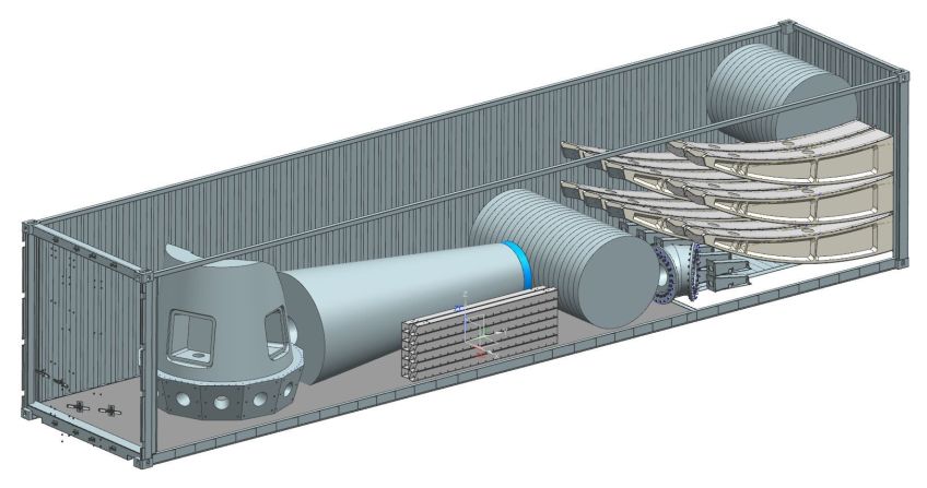 An artist's impression shows how the components could be packed into a shipping container and transported to off-grid locations. 