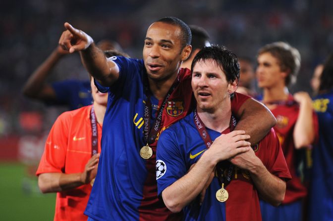 Henry with Barcelona talisman Lionel Messi following the Champions League final win over Manchester United in 2009. Henry had picked up a runners-up medal with Arsenal in 2006.  