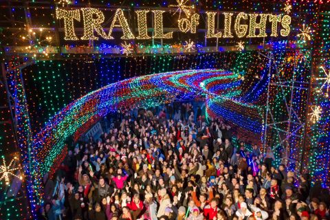 <strong>Zilker Park (Austin, Texas):</strong> It takes 15,000 hours and 1,500 volunteers to put together the Trail of Lights in Austin, Texas. The 2.1-mile walking circuit features more than 800 lighted trees. 