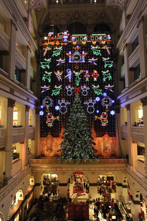 Macy's Christmas Light Show in Philadelphia has a Magic Christmas Tree and 100,000+ LEDs behind a four-story velvet curtain that tell a story with reindeer, toy soldiers and ballerinas.