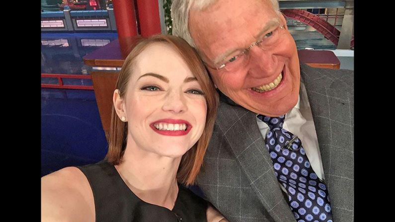 Talk show host David Letterman and actress Emma Stone smile in this selfie <a href="https://twitter.com/Letterman/status/544692645025820673/photo/1" target="_blank" target="_blank">tweeted by Letterman's official show account</a> on Monday, December 15. The tweet said: "Emma Stone takes their selfie, Dave takes his Lipitor. Tonight!"
