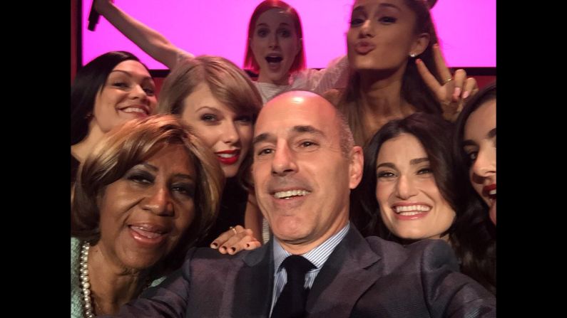 Matt Lauer, co-anchor of the "Today" show, snaps a selfie with a bunch of music stars, including Aretha Franklin, Taylor Swift and Ariana Grande, on Friday, December 12. "Billboard Magazine's women in music for 2014 and one very lucky old bald guy!" <a href="https://twitter.com/MLauer/status/543499227406802944/photo/1" target="_blank" target="_blank">Lauer tweeted.</a> The women, from left, are Jessie J, Franklin, Swift, Hayley Williams, Grande, Adina Menzel and Charli XCX.