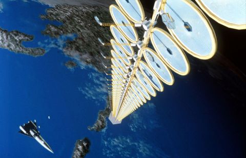 NASA has developed several concepts for a space-based solar power station. This one is called the Sun Tower and would involve an array of inflatable circular solar concentrators. Even before any energy is produced, it is estimated to cost at least $12 billion.