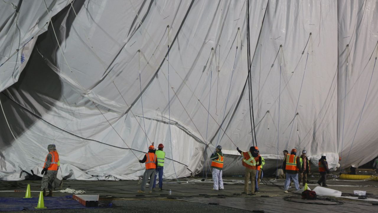 When inflated and tethered, the aerostat will rise to 10,000 feet.