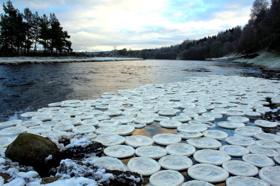 Biologist Jamie Urquhart found the strange ice pancakes near the River Dee in Scotland.