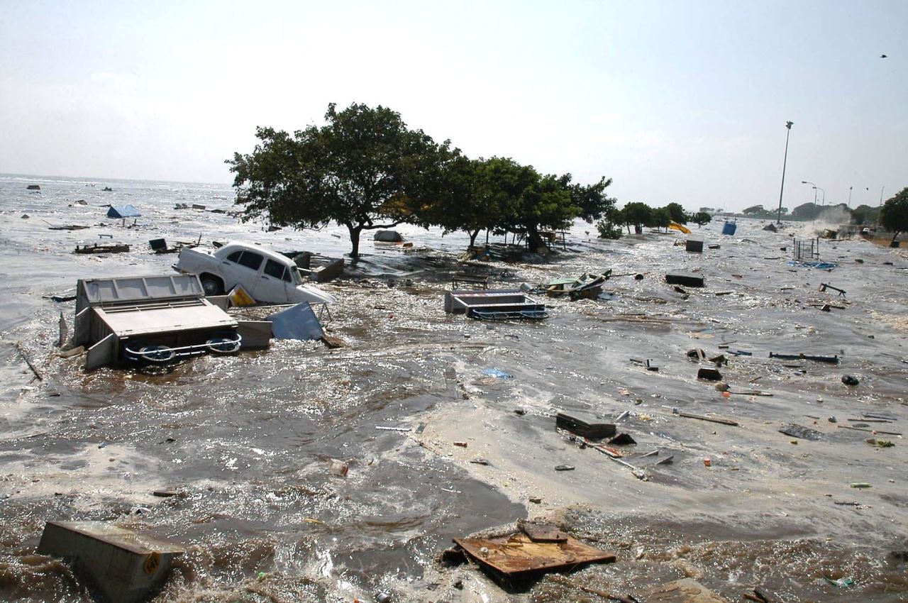 The scene at Marina beach in Chennai, India on December 26, 2004, after tidal waves hit the region.
