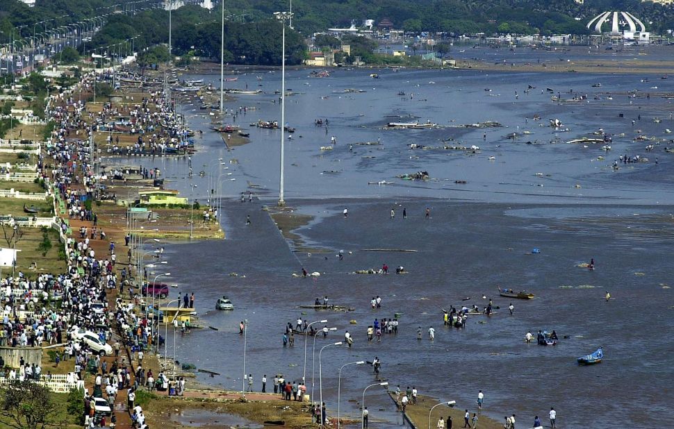 Aerial view of the destruction at Marina Beach in Chennai on December 26, 2004.