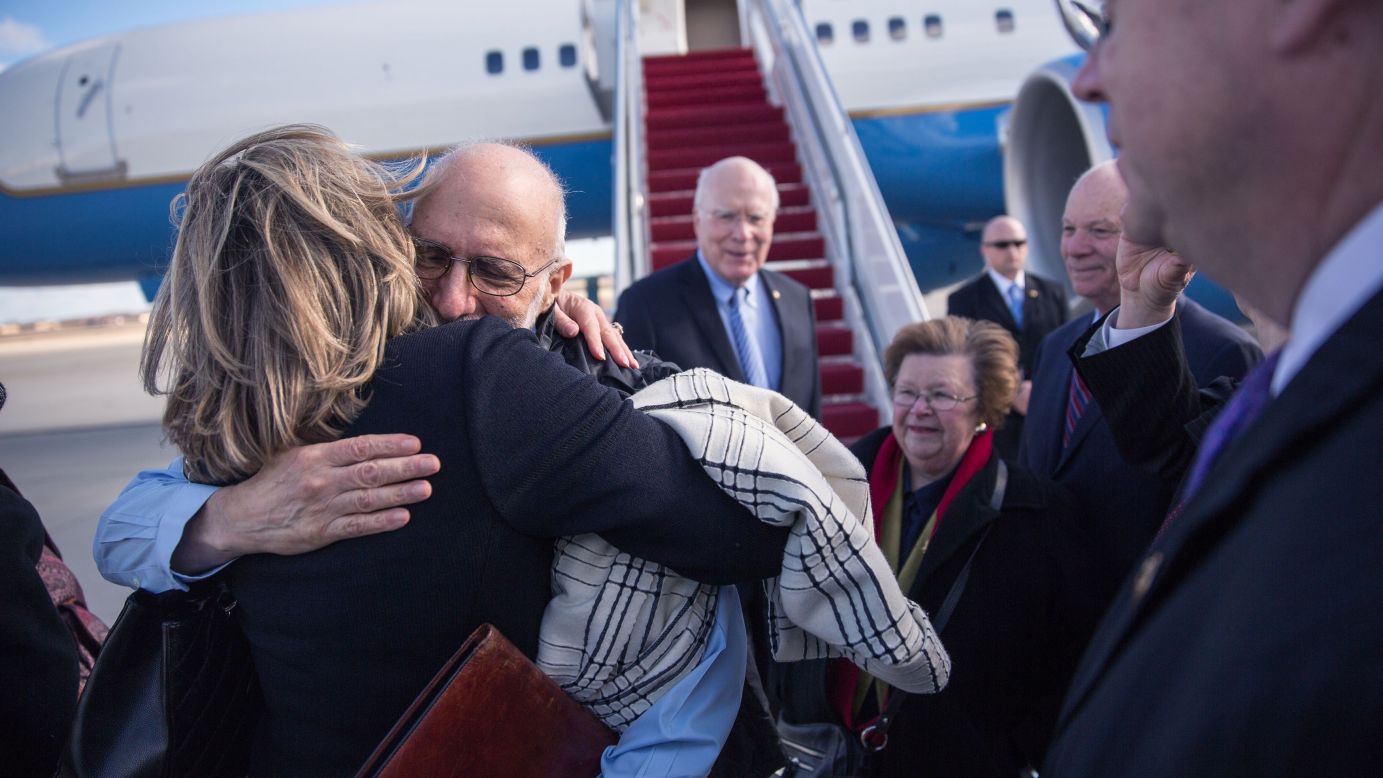 U.S. contractor Alan Gross is welcomed with a hug after he arrived at an Air Force base in Maryland on Wednesday, December 17. Gross, held in Cuban custody since 2009, <a href="http://www.cnn.com/2014/12/17/politics/cuba-alan-gross-deal/index.html" target="_blank">was freed as part of a landmark deal with Cuba</a> that paves the way for <a href="http://www.cnn.com/2014/12/17/politics/obama-cuba-castro-relations/index.html" target="_blank">a major overhaul</a> in U.S. policy toward the island. "It's time for a new approach," said President Barack Obama, who said he's instructed Secretary of State John Kerry to begin discussions with Cuba to re-establish diplomatic relations.