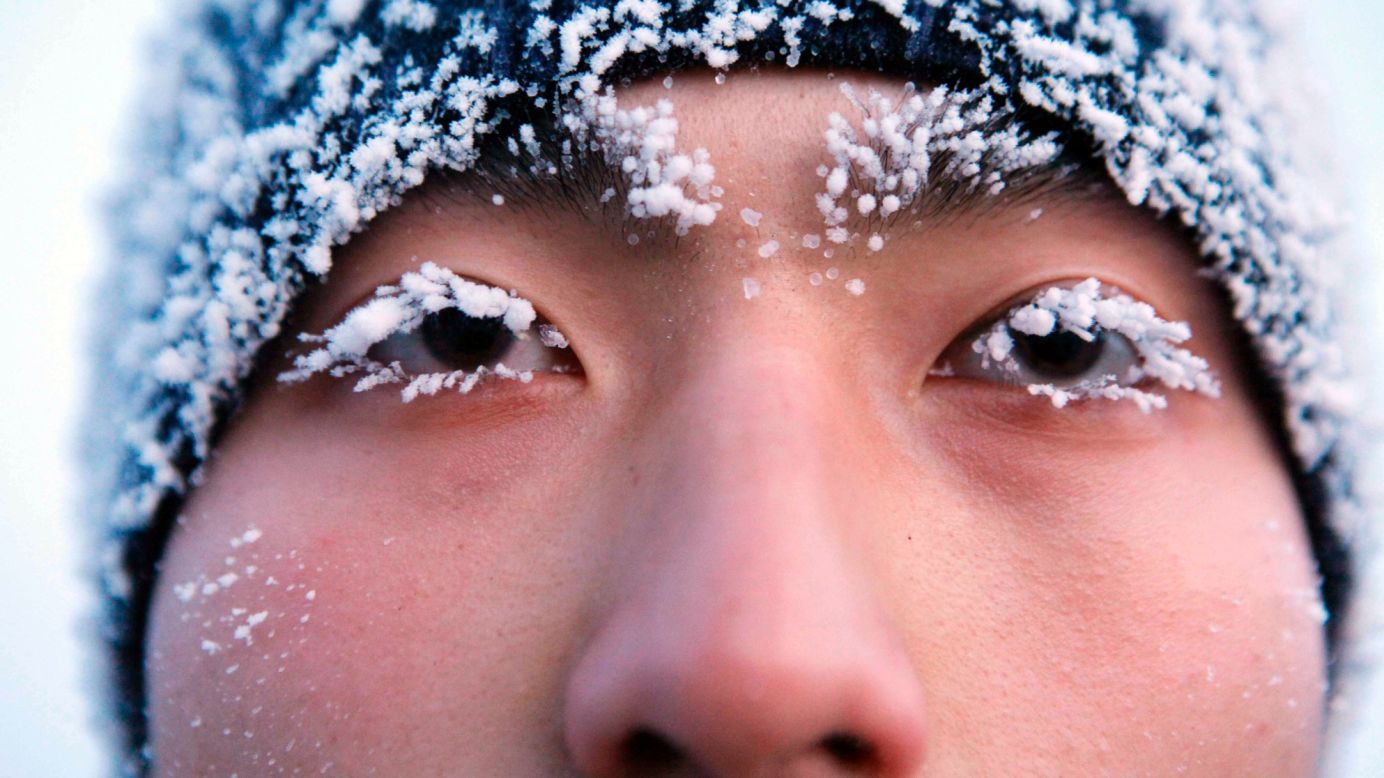 A Chinese soldier's eyelashes are covered with frost as he trains in Heihe, China, on Tuesday, December 16. The temperature was minus-30 degrees Celsius (minus-22 degrees Fahrenheit).