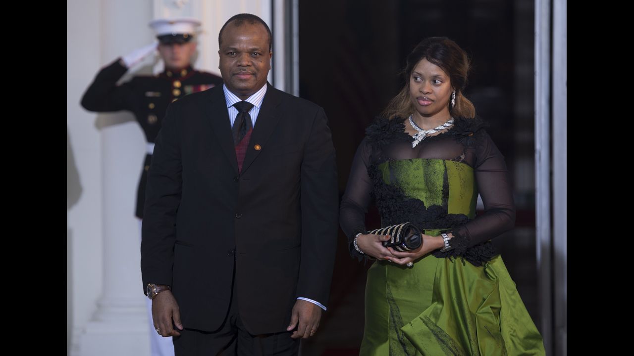 Mswati III was crowned Ngwenyama, or King, of Swaziland in 1986, when he was 18. He is shown here at the White House in 2014 with Inkhosikati, or Queen, LaMbikiza, one of his 15 wives.  