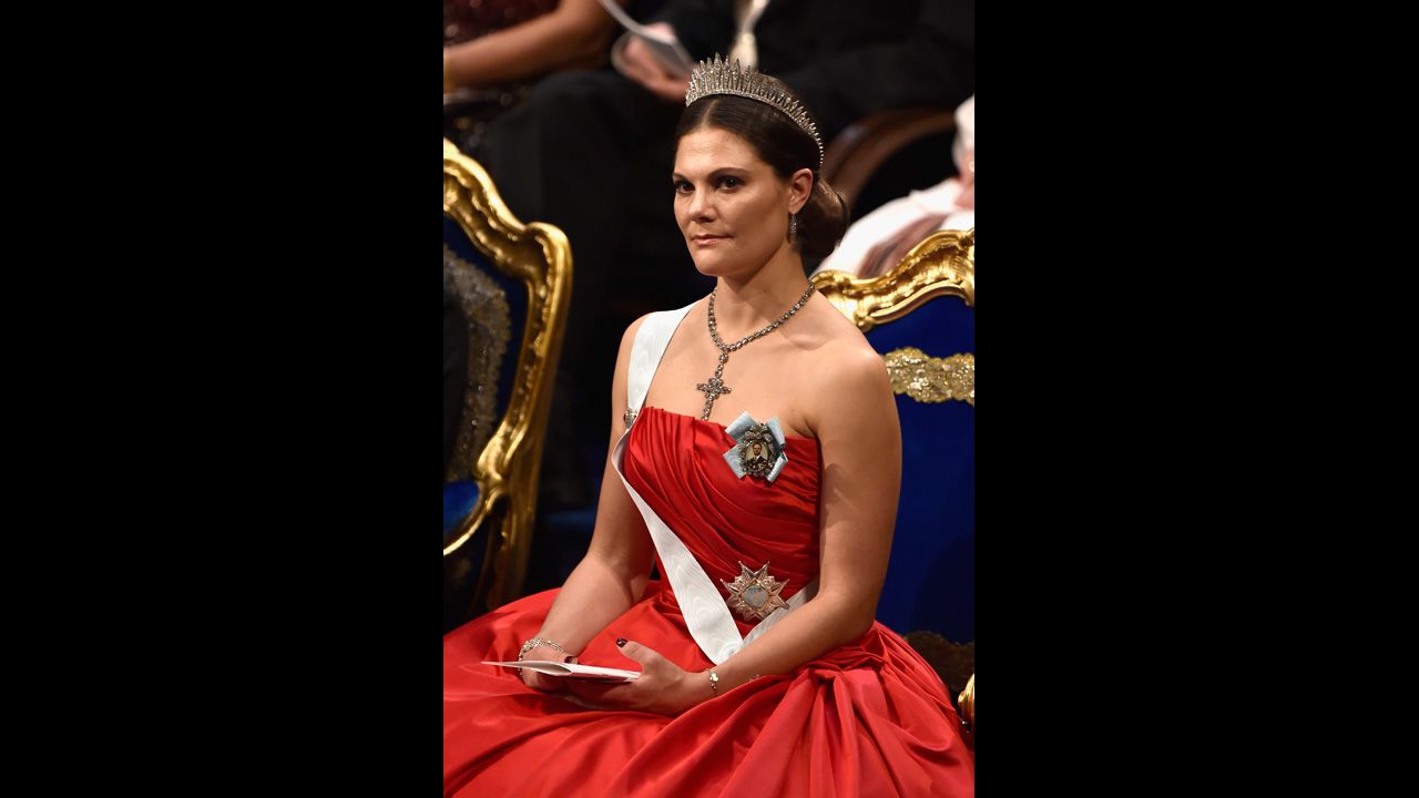 Crown Princess Victoria of Sweden attends the Nobel Prize Awards Ceremony at Concert Hall  on December 10, 2014, in Stockholm. Princess Victoria is heir to the throne held by her father. 