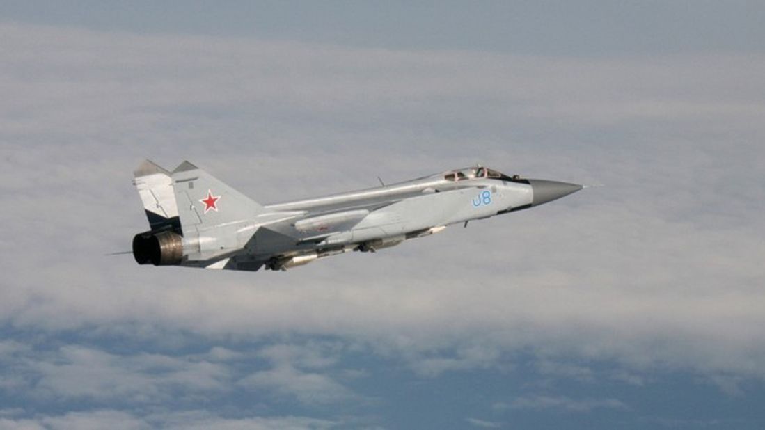 An armed MiG-31 intercepted by Norwegian planes. The plane is nicknamed the Foxhound by NATO.