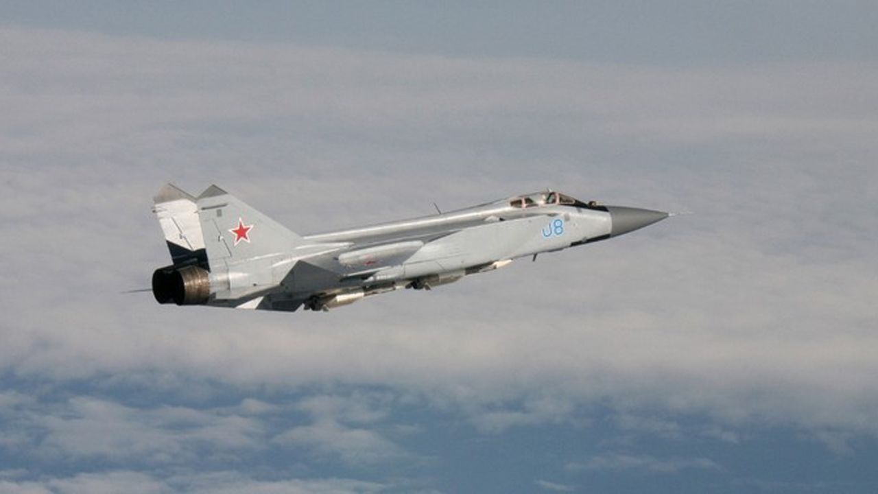 An armed MiG-31 intercepted by Norwegian planes. The plane is nicknamed the Foxhound by NATO.