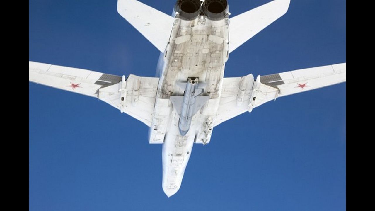 A look at a Russian Tu-22M from below as taken by a Norwegian Royal Air Force fighter plane.