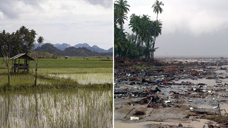These images show how Aceh in Indonesia's northern Sumatra region has rebuilt itself 10 years after a devastating tsunami. This paddy field in Lhoknga sub-district was filled with rubbish and debris in the wake of the disaster.