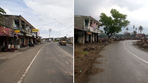 Lamteh was all but flattened by the tsunami -- it was previously one of the prime workshop areas in Banda Aceh and only two buildings survived. The road has since been widened, while many shops have re-opened along it.