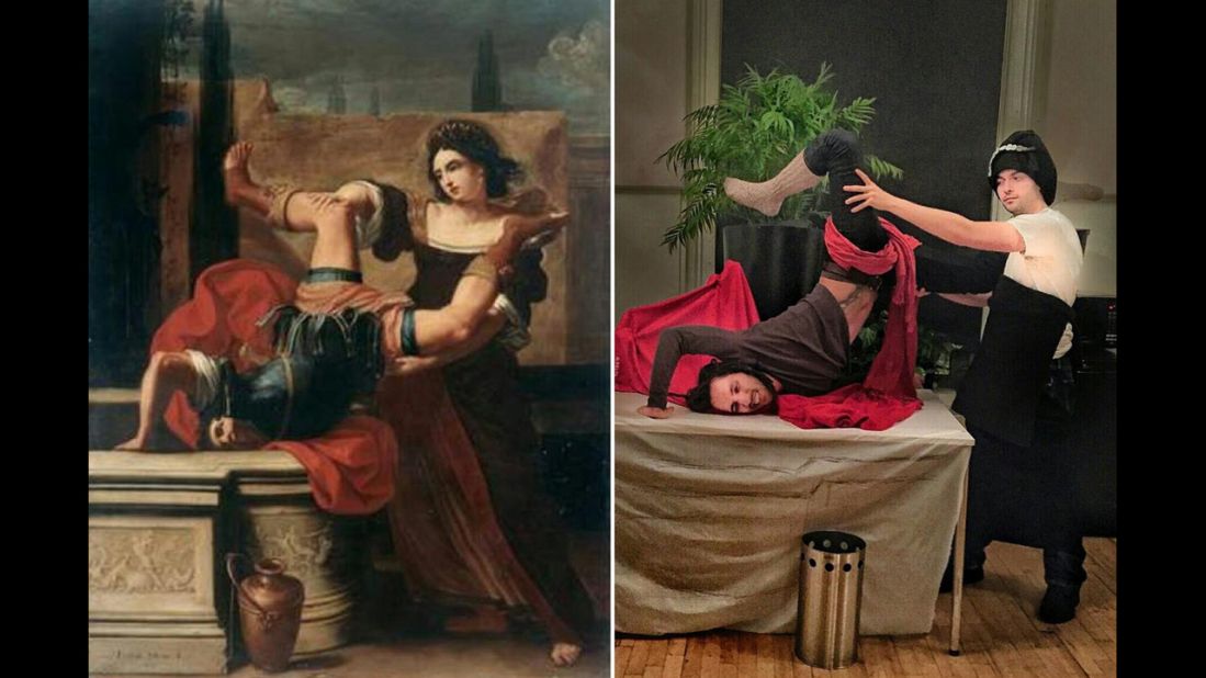 Recreating "Timoclea uccide il capitano di Alessandro Magno" by Elisabetta Sirani, 1659, required some athletic contortions. Click through the gallery for more examples of classic art reimagined by Chris Limbrick and Franscesco Fragomeni for the FoolsDoArt project.