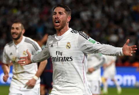 Real Madrid defender Sergio Ramos celebrates as he puts the European Champions ahead in the first half.