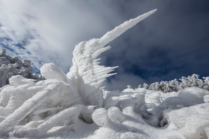 The strong winds created long spikes of ice in some areas.  