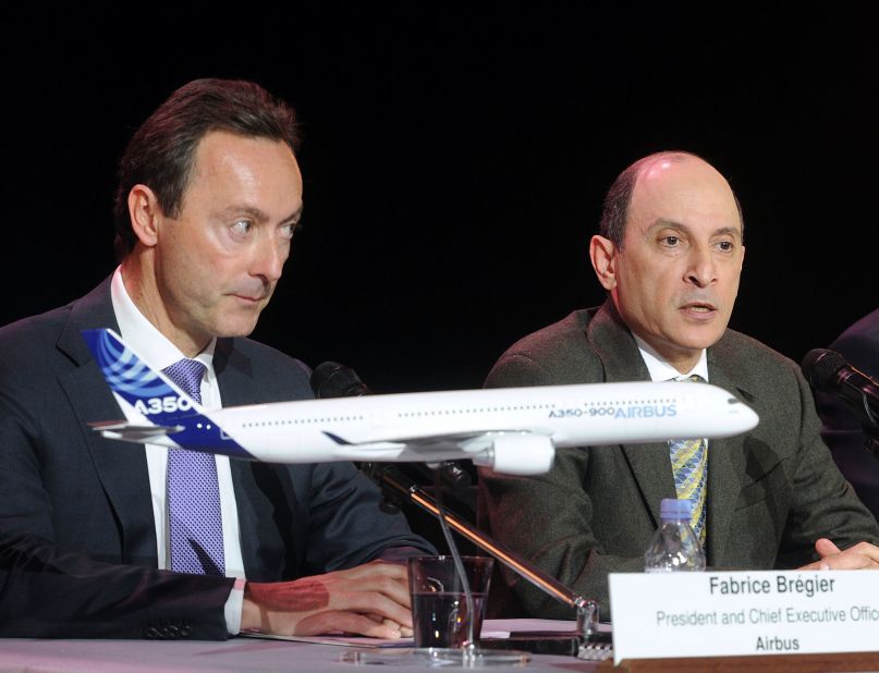 At an event to mark the delivery, Airbus chief Fabrice Bregier, seen on the left, described Qatar Airways boss Akbar Al Baker as a "tough customer." He said: "You are demanding, sometimes for us a bit too demanding." 