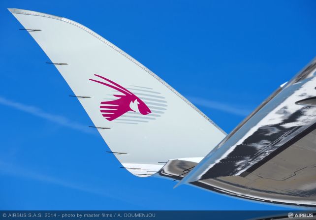 A closeup of the Qatar Airways A350 XWB wing 'Sharklet'. 