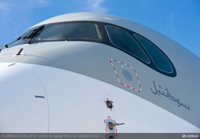 "With a streamlined nose and wrap-around cockpit windows, the A350 XWB has a unique sporty look -- which also contributes to its aerodynamic efficiency," says Airbus.  