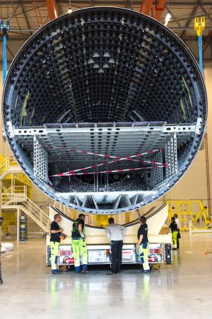 The fuselage of the Qatar Airways' A350-900, assembled at Airbus' headquarters in Toulouse, France. 