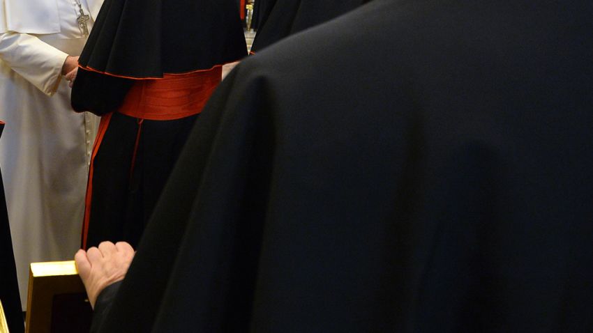 Pope Francis meets with Cardinals and Bishops of the Vatican Curia on the occasion of the exchange of Christmas greetings in the Clementine hall at Vatican, Monday, Dec. 22, 2014. (AP Photo/Andreas Solaro, Pool)