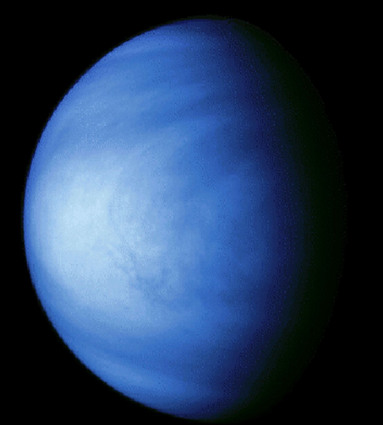 The blue color of this image is used to show contrasts in cloud patterns. This image was taken with a violet filter. 
