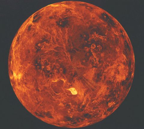 The Magellan probe orbited Venus from 1990 to 1994 and peered through the clouds: this image was created by emitting and re-detecting cloud-penetrating radar.