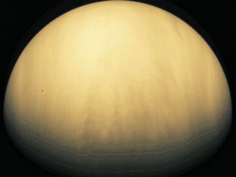 The Galileo spacecraft took this picture of cloudy Venus. The planet is similar to Earth in size and mass - and so is sometimes referred to as Earth's sister planet - but it has a quite different climate. 