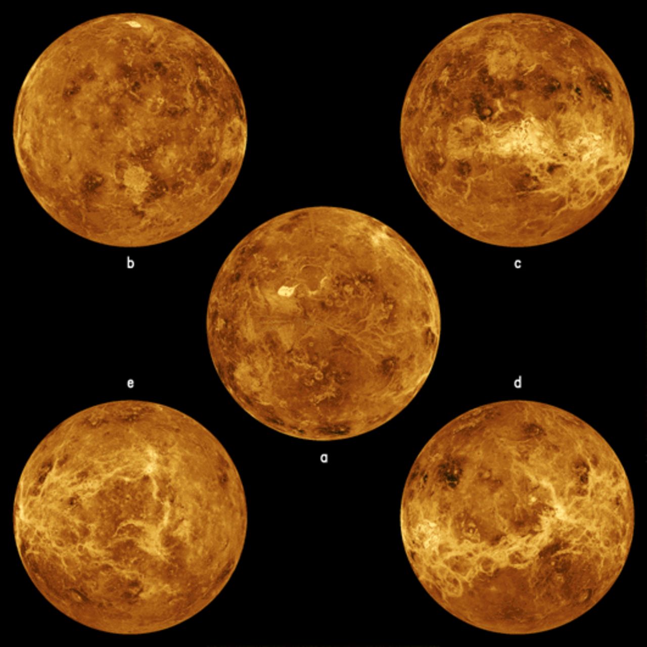 Surface views of Venus. The center image is centered at the north pole. The other four are centered around the equator. 