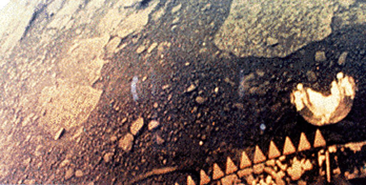 This image is part of the first color panoramic view from Venus. A TV camera on the Soviet Venera 13 lander that parachuted to the surface in 1982 transmitted it.