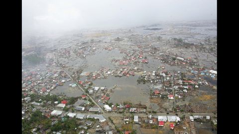 An aerial shot taken on January 8, 2005, shows flooding and devastation to the west of Aceh in Banda Aceh. Aceh was the worst hit location, being the closest major city to the epicenter of the 9.1 magnitude quake.