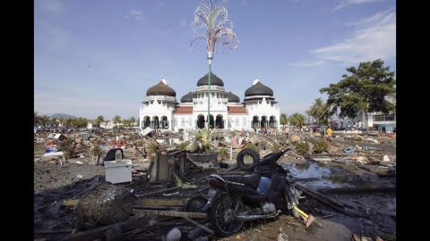 Devastation surrounds the Grand Mosque in Banda Aceh on December 28, 2004.