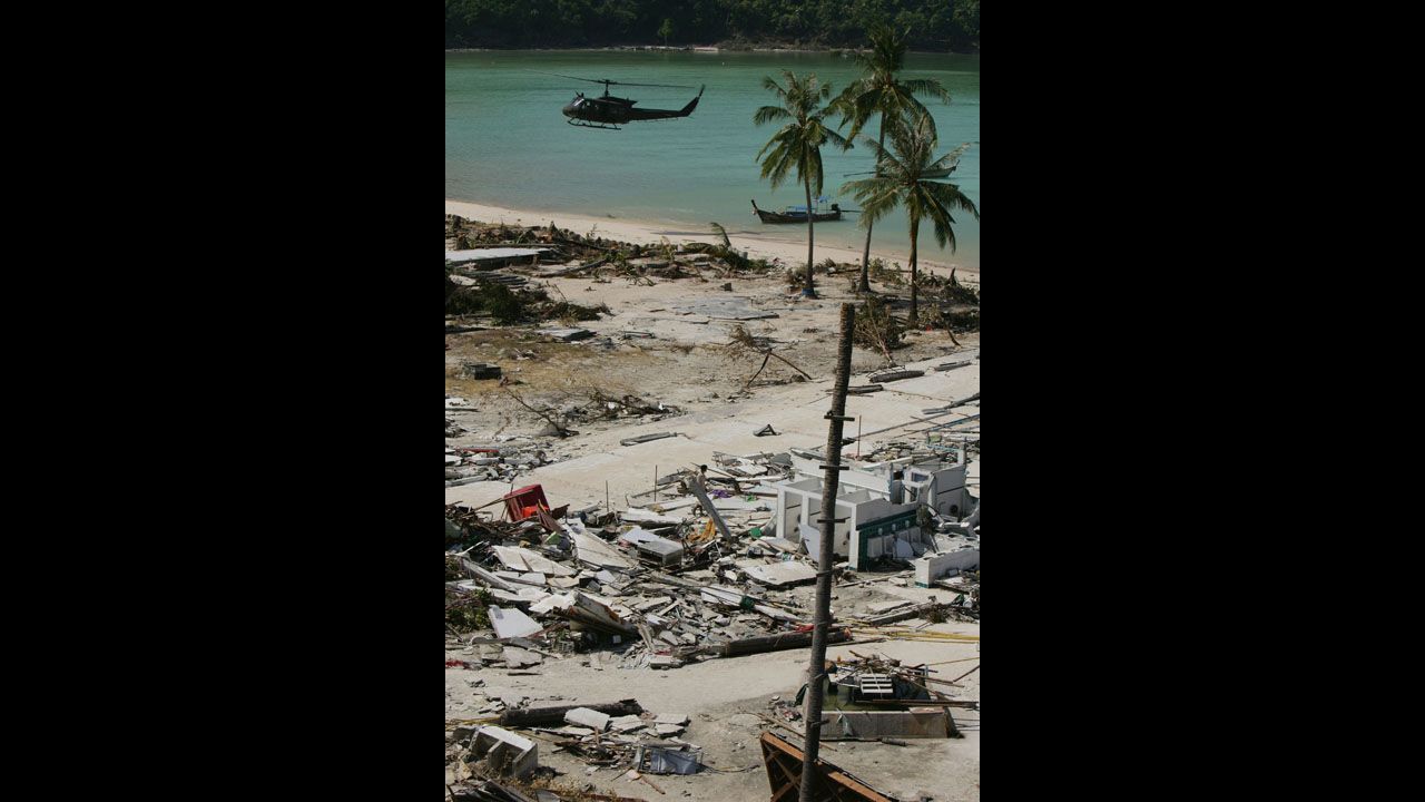 A helicopter lands with emergency supplies on December 28, 2004, in Phi Phi Village.