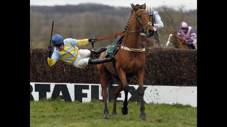 Tom Messenger is unseated as he rides Legendary Hop at the last The Free Tips Every Day On gg.com Handicap Steeple Chase at Towcester racecourse on December 18, in Towcester, England.