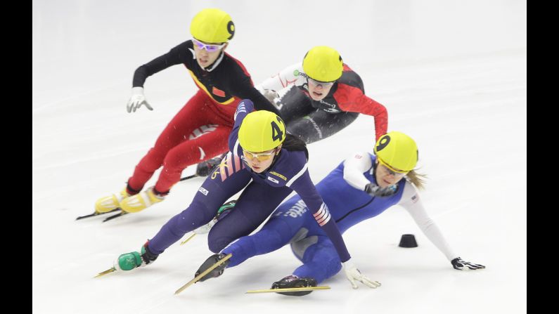 Shim Suk-hee of South Korea, Jessica Smith of United States, Fan Kexin of China and Kim Boutin of Canada compete in the Ladies 3000M Semifinals during the ISU World Cup Short Track Speed Skating event on December 20 in Seoul, South Korea.