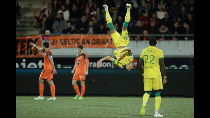 Nantes forward Yacine Bammou celebrates after scoring a goal during the French L1 soccer match between Lorient and Nantes on December 20 in Lorient, France.