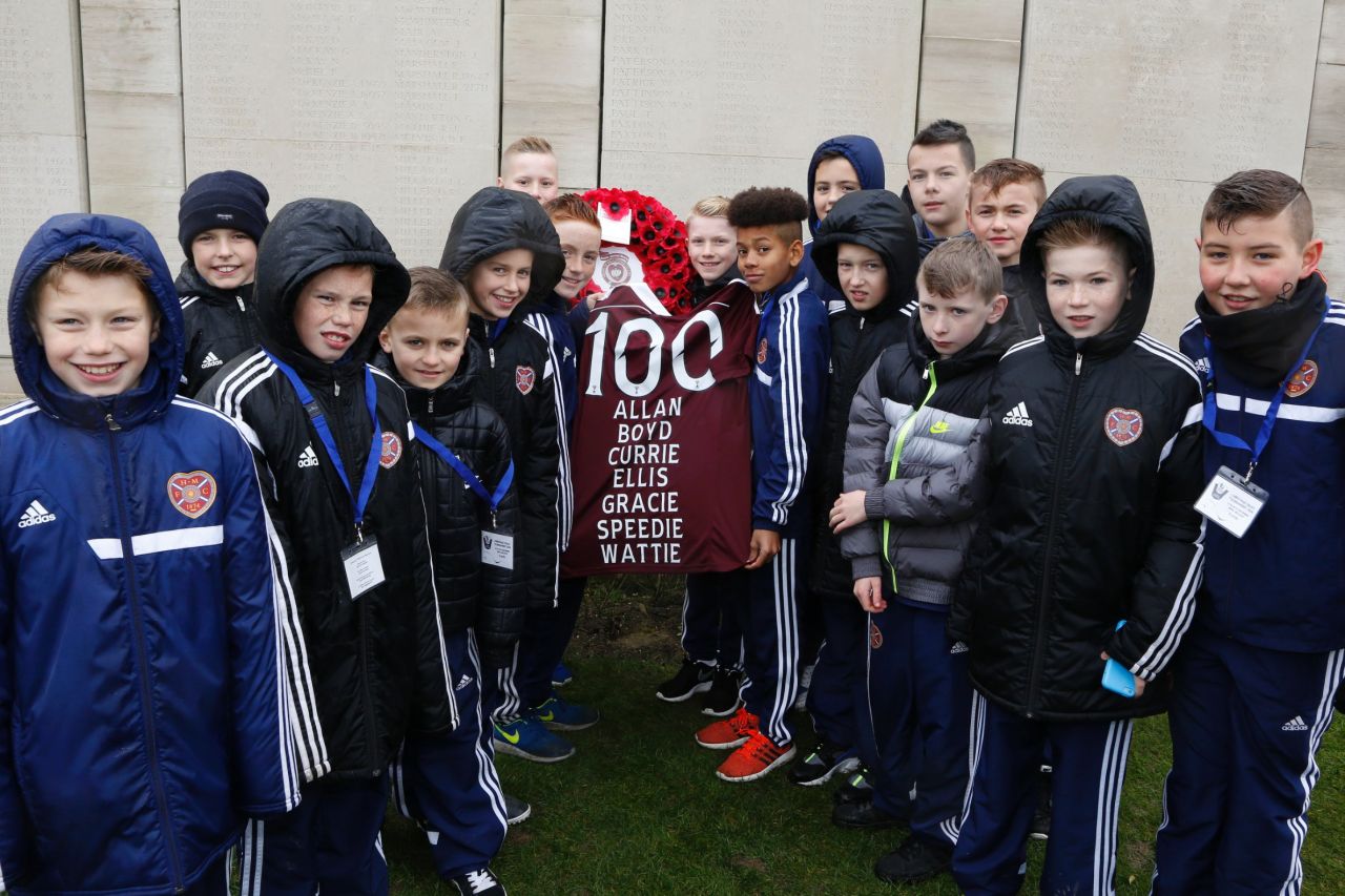 Youngsters from Hearts, which played an integral part in Britain's First World War effort, attended a memorial for those from the Scottish club who lost their lives. McRae's Battalion, which comprised of players from Hearts, suffered heavy casualties. 