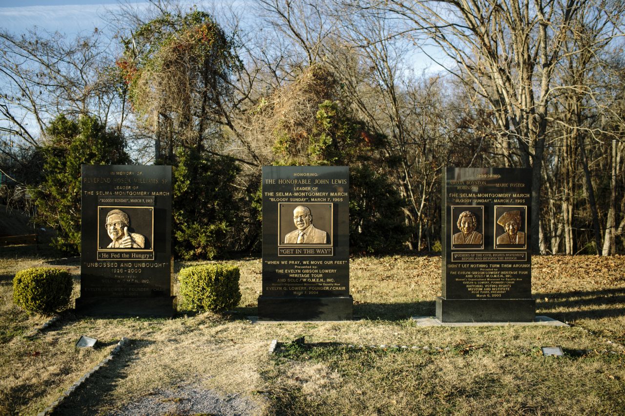 Markers honoring civil rights activists who marched on Bloody Sunday stand at the foot of the Edmund Pettus Bridge, where armed state troopers beat back peaceful civil rights marchers.
